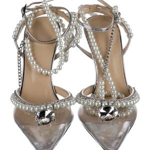 MACH & MACH Silver Heels with Crystal and Pearl Details